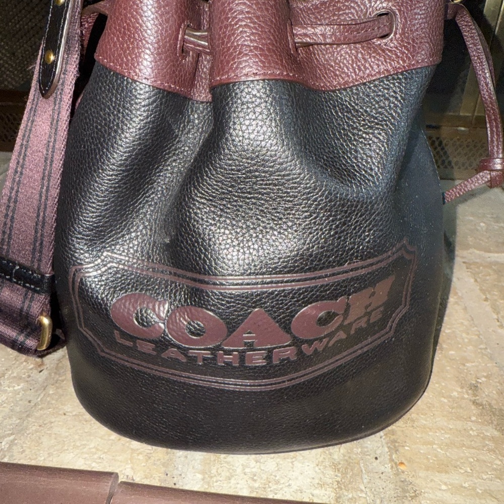 Coach Black and Burgundy/Plum Leather Bucket Bag